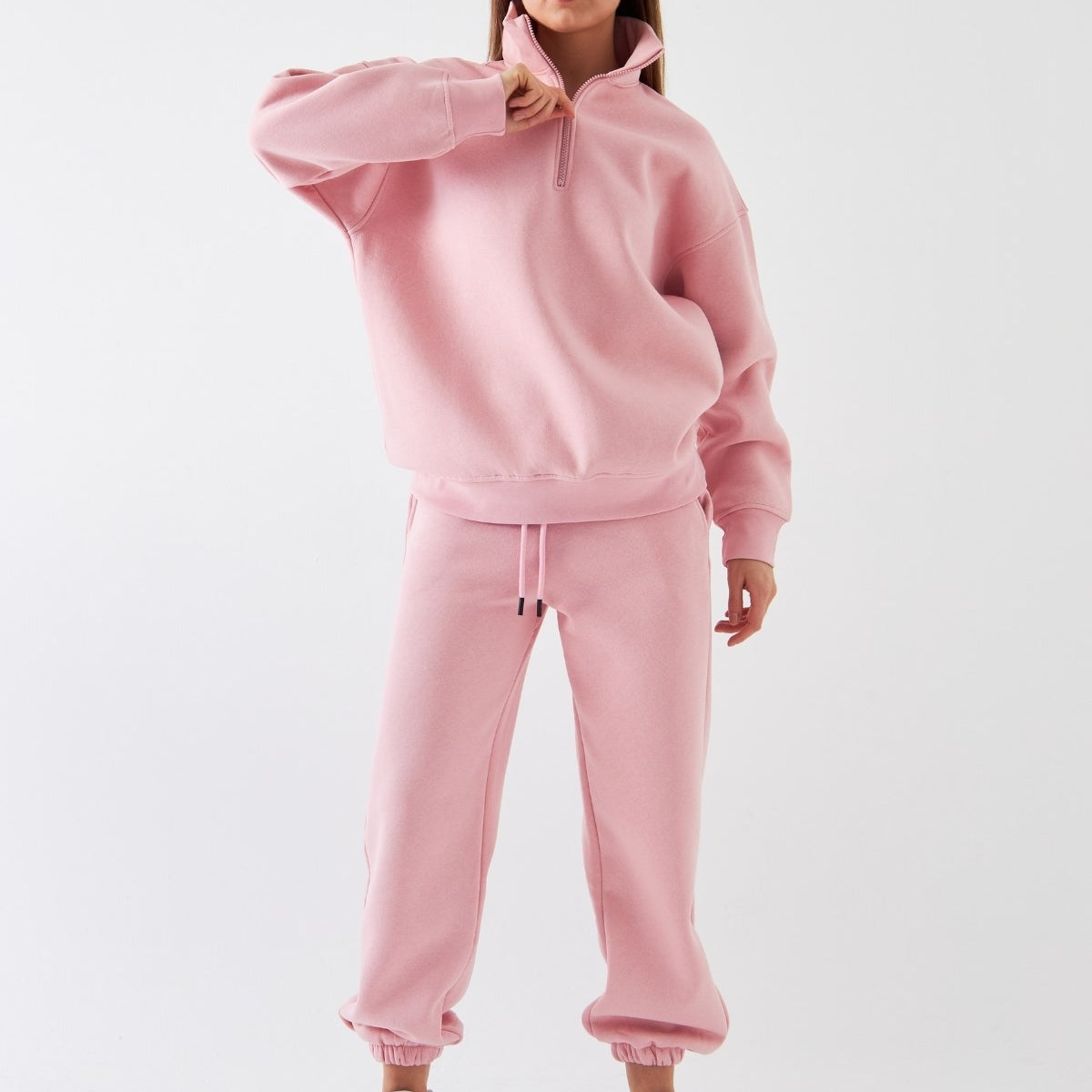 Unisex Oversize Eşofman Takımı Basic Pembe – Fermuarlı Dik Yaka, Lastikli Paça, 3 İplik Polar