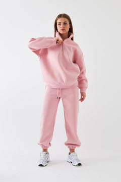 Unisex Oversize Eşofman Takımı Basic Pembe – Fermuarlı Dik Yaka, Lastikli Paça, 3 İplik Polar