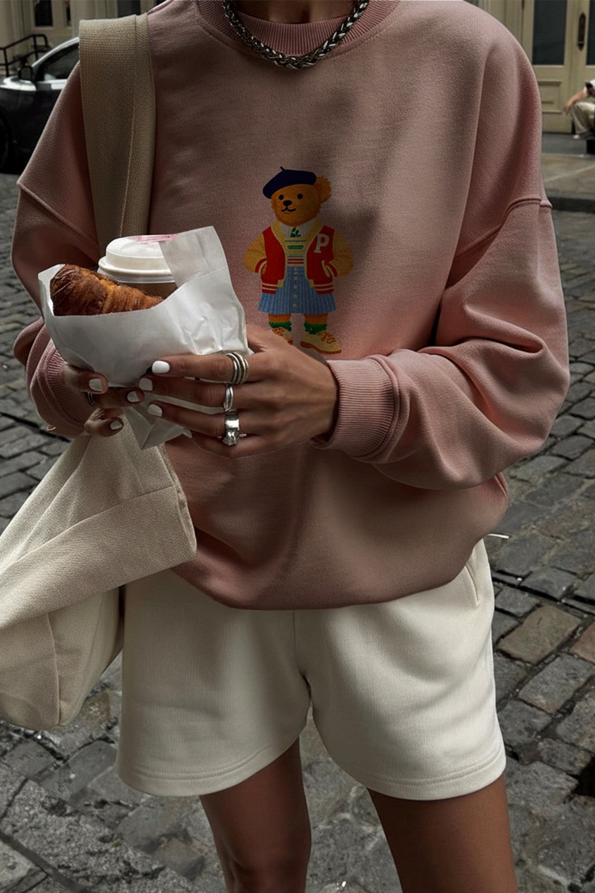 Kadın Oversize Sweatshirt Campus Bear Baskılı Pembe – Bisiklet Yaka, 3 İplik Şardonlu Polar