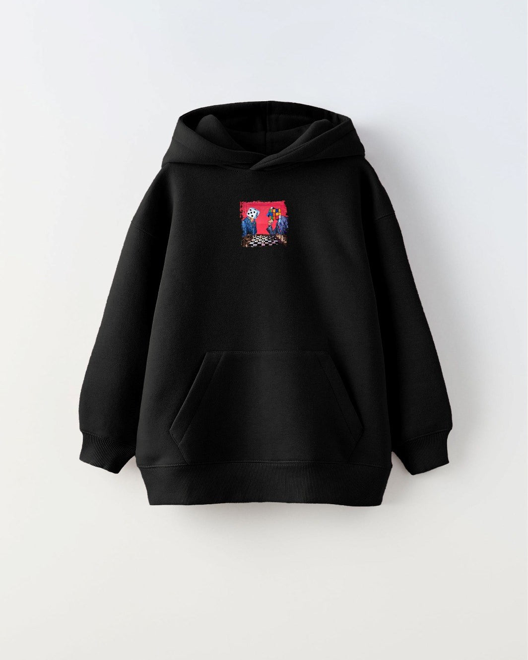 Kapüşonlu İçi Polar Satranç Baskı Siyah Unisex Çocuk Hoodie Sweatshirt