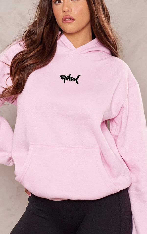 Kapüşonlu İçi Polar Shark Baskılı Pembe Oversize Hoodie Sweatshirt