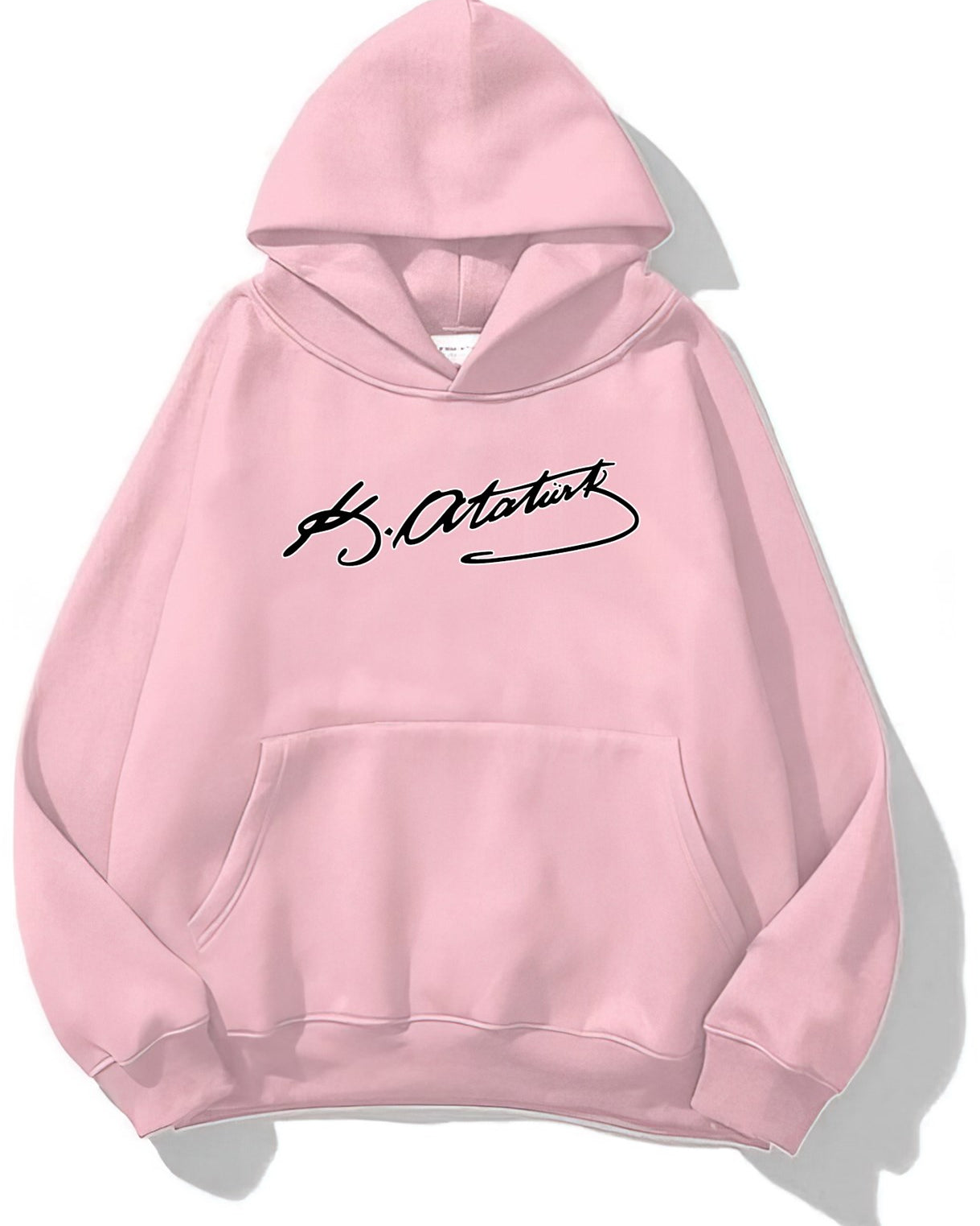 Kapüşonlu İçi Polar Kemal Atatürk İmzalı Baskılı Pembe Unisex Hoodie Sweatshirt
