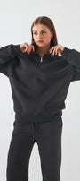 Unisex Oversize Sweatshirt Basic Füme – Yarım Fermuar Dik Yaka, 3 İplik Şardonlu Polar