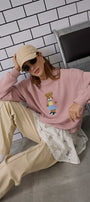 Kadın Oversize Sweatshirt Preppy Girl Bear Baskılı Pembe – Bisiklet Yaka, 3 İplik Şardonlu Polar