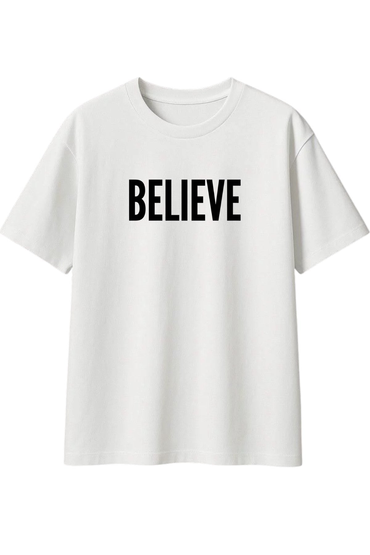 Erkek Oversize Tişört Believe Baskılı Beyaz – Bisiklet Yaka, Rahat Kalıp, %100 Pamuk