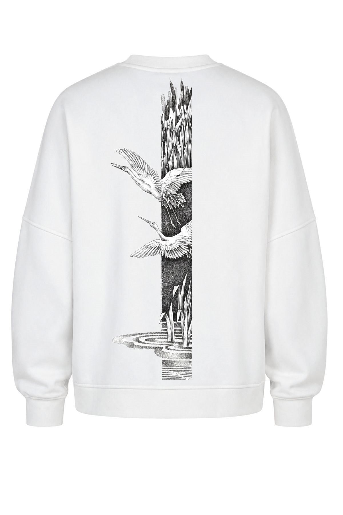 Erkek Oversize Sweatshirt Heron Line Baskılı Beyaz – Bisiklet Yaka, 3 İplik Şardonlu Polar