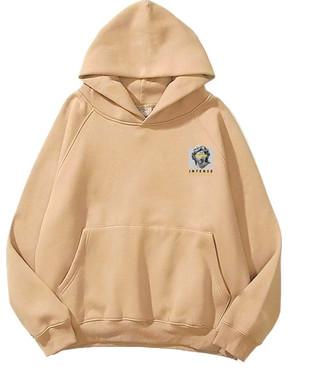 Kapüşonlu İçi Polar Intense Feelings Yazılı Heykel Baskılı Bej Unisex Hoodie Sweatshirt