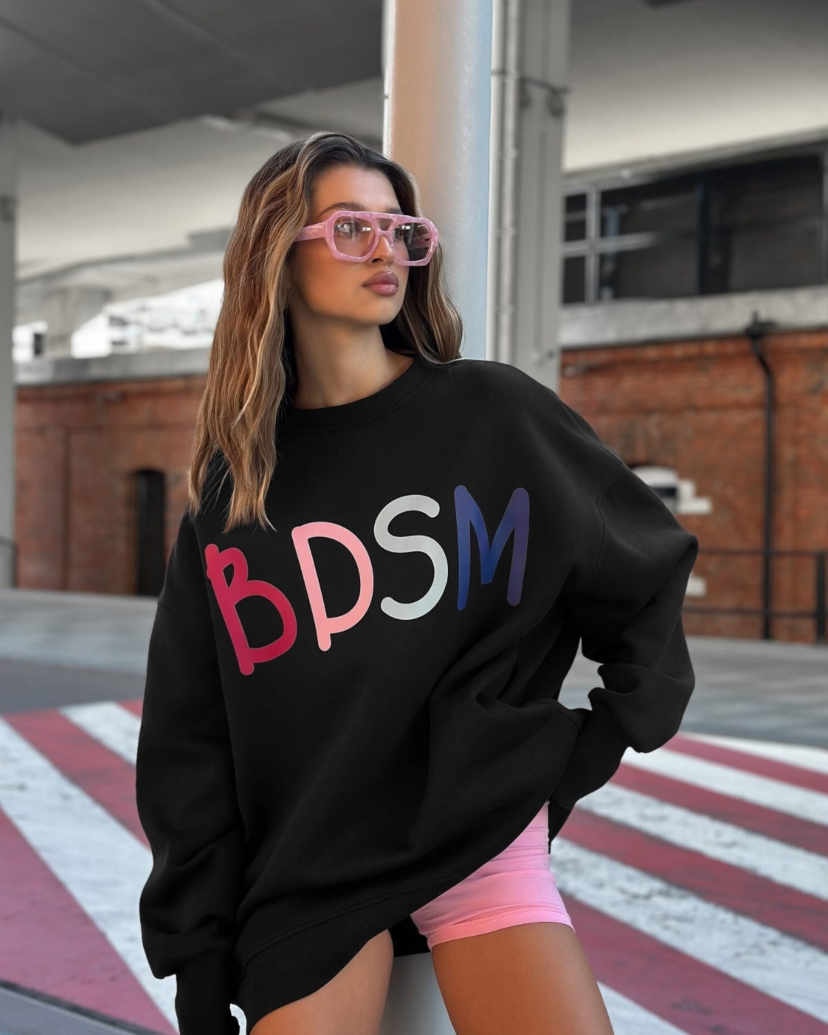 Kadın Oversize Sweatshirt Elbise Color Pop Baskılı Siyah – Bisiklet Yaka, 3 İplik Şardonlu Polar