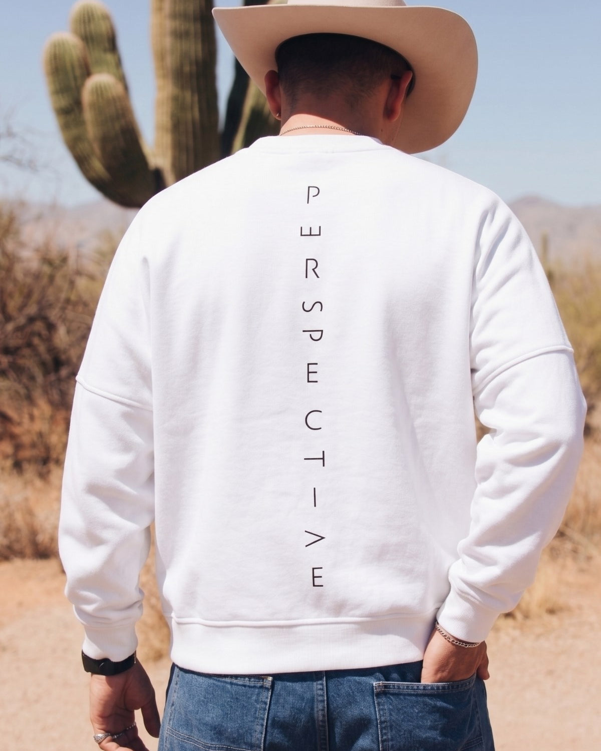Erkek Oversize Sweatshirt Perspectiv Baskılı Beyaz – Bisiklet Yaka, 3 İplik Şardonlu Polar