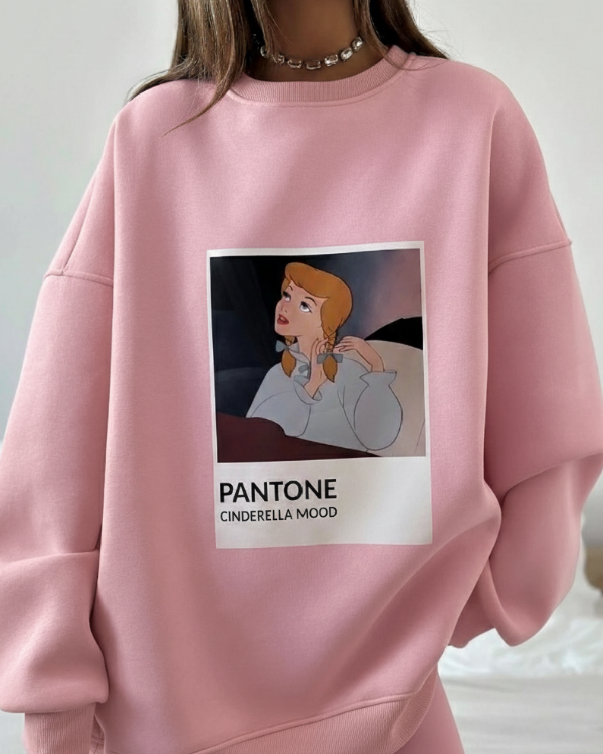 Kadın Oversize Sweat Elbise Pembe – 3 İplik Şardonlu , Bisiklet Yaka, Pantone – prenses baskılı